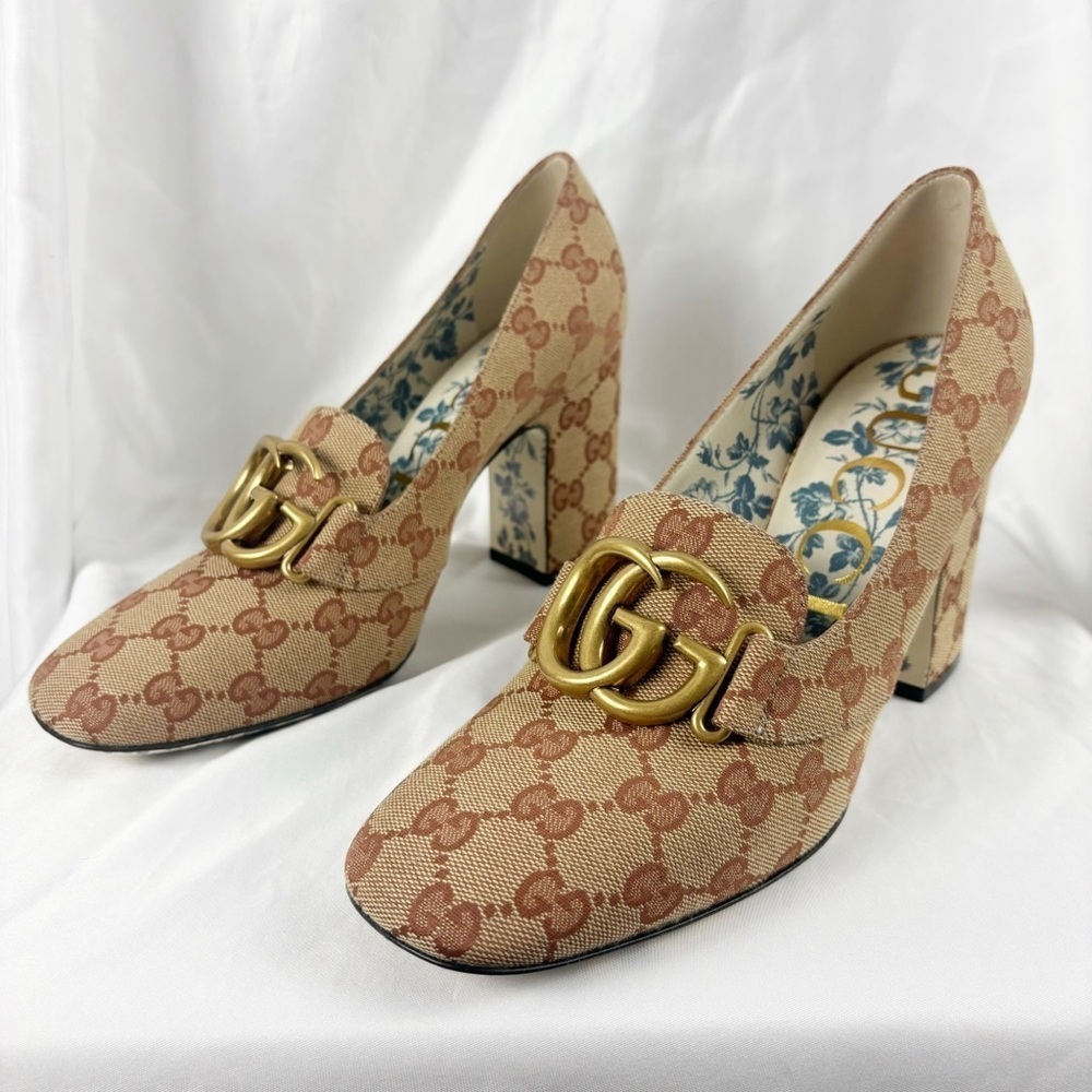 Gucci GG Marmont Beige Ruggine Victoire 95mm Loafer Block Heel Pumps EU 39.5 - Picture 6 of 11